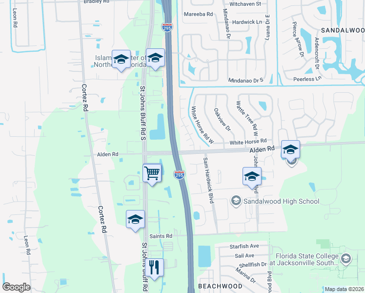 map of restaurants, bars, coffee shops, grocery stores, and more near 2530 Whispering Woods Boulevard in Jacksonville