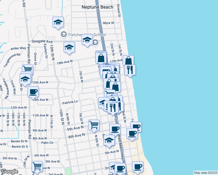 map of restaurants, bars, coffee shops, grocery stores, and more near 1410 Florida A1A in Jacksonville Beach