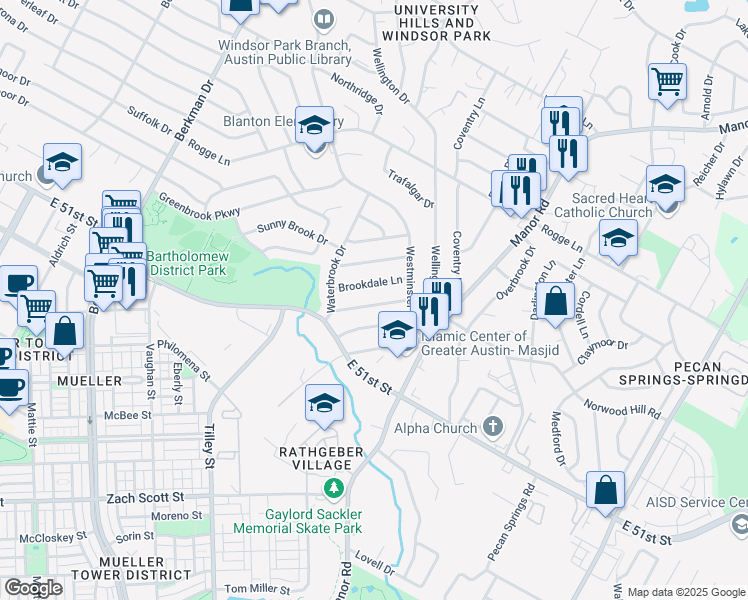 map of restaurants, bars, coffee shops, grocery stores, and more near 5114 Ravensdale Lane in Austin