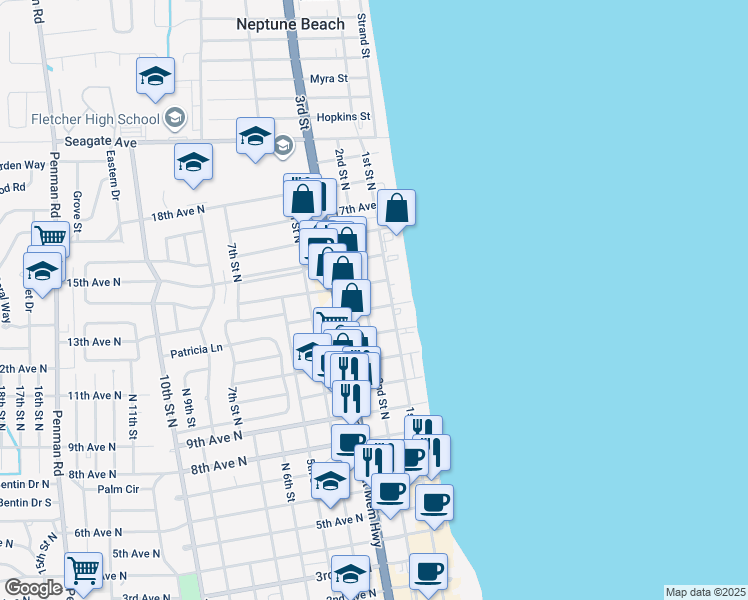 map of restaurants, bars, coffee shops, grocery stores, and more near 131 13th Avenue North in Jacksonville Beach