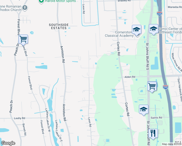 map of restaurants, bars, coffee shops, grocery stores, and more near 10223 Alden Road in Jacksonville