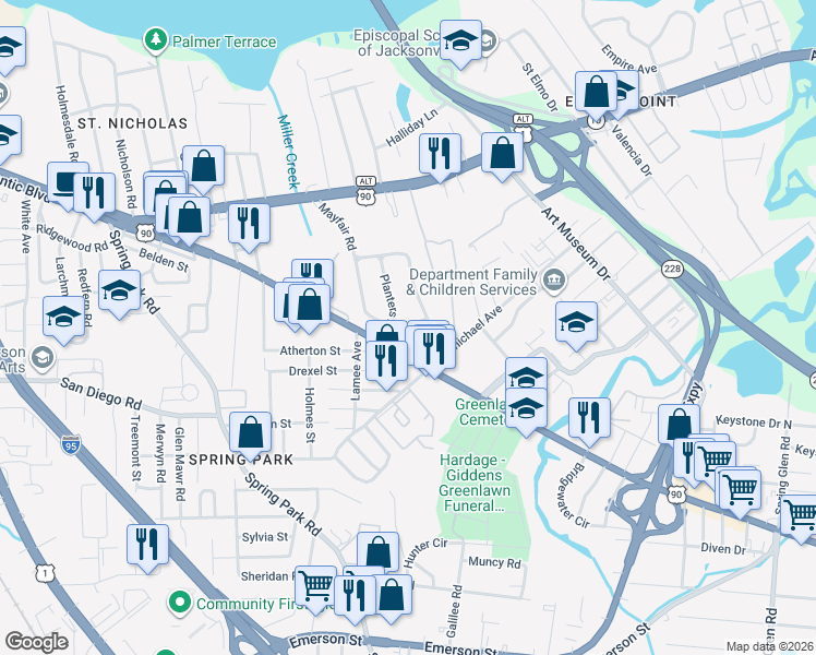 map of restaurants, bars, coffee shops, grocery stores, and more near 3749 Lilly Road North in Jacksonville