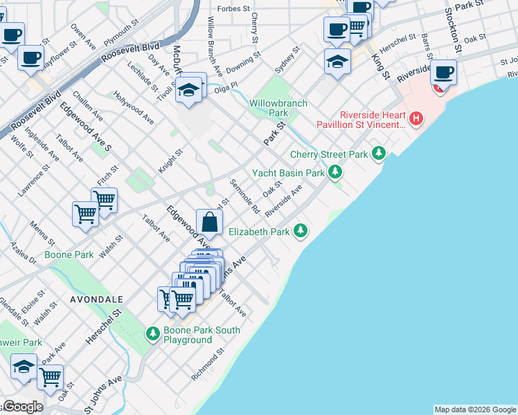 map of restaurants, bars, coffee shops, grocery stores, and more near 1648 Seminole Road in Jacksonville