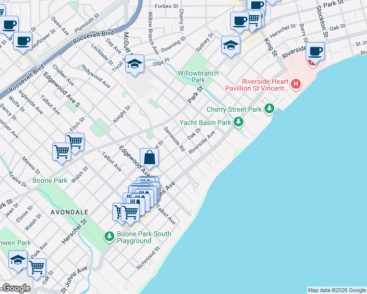 map of restaurants, bars, coffee shops, grocery stores, and more near 1648 Seminole Road in Jacksonville