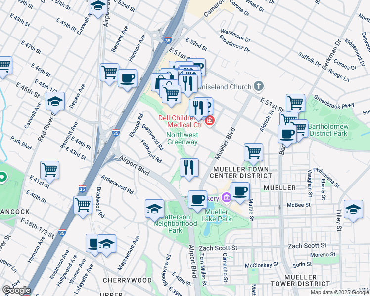 map of restaurants, bars, coffee shops, grocery stores, and more near 1320 Robert Browning Street in Austin