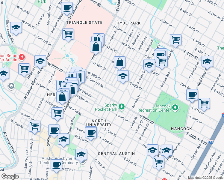map of restaurants, bars, coffee shops, grocery stores, and more near 105 West 38th 1/2 Street in Austin