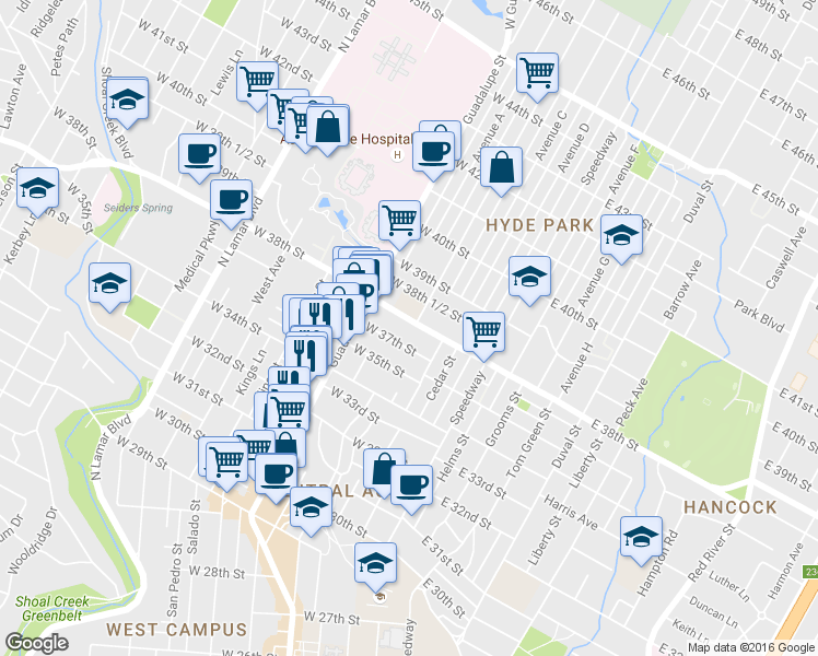 map of restaurants, bars, coffee shops, grocery stores, and more near in Austin