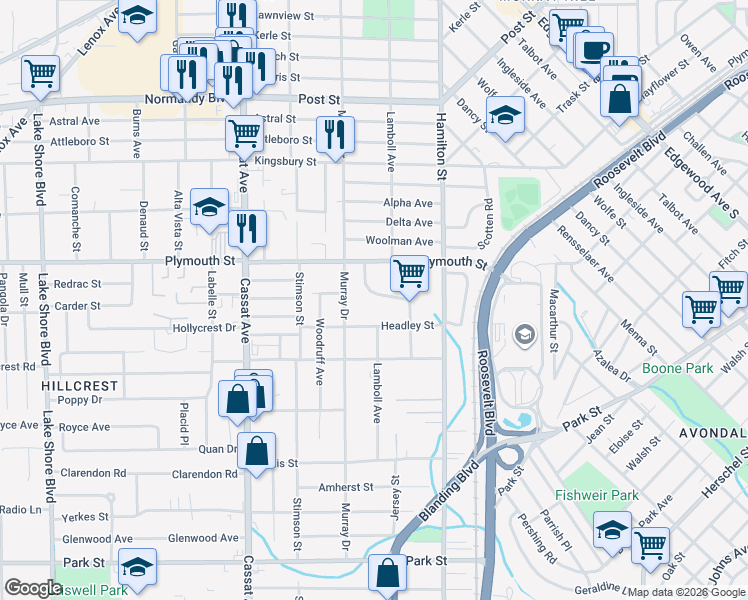 map of restaurants, bars, coffee shops, grocery stores, and more near 1232 Glen Laura Road in Jacksonville