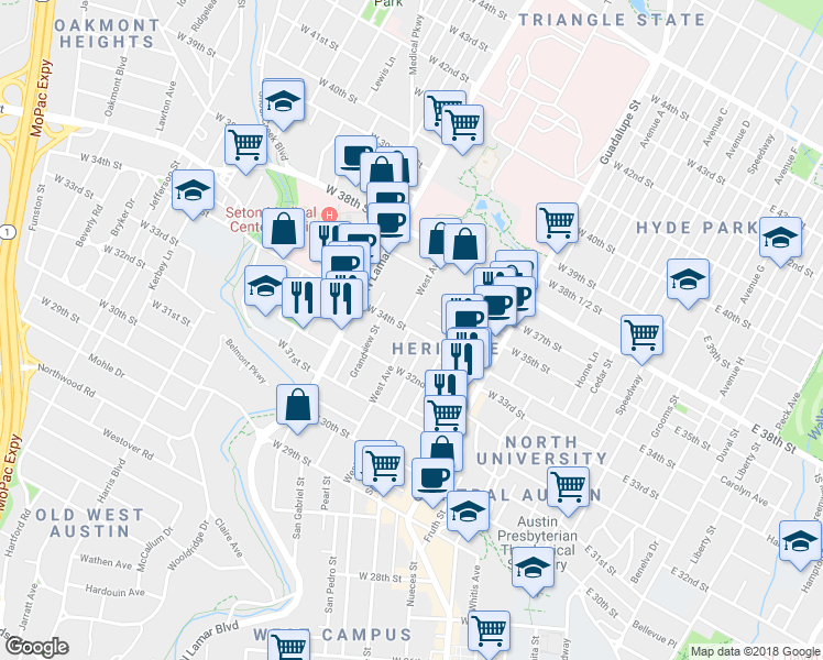 map of restaurants, bars, coffee shops, grocery stores, and more near West Ave & W 34th St in Austin
