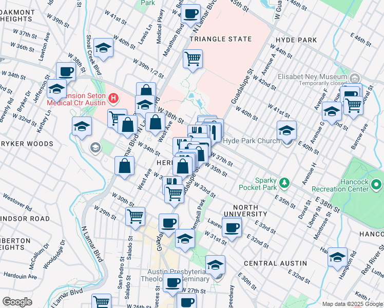 map of restaurants, bars, coffee shops, grocery stores, and more near 610 West 35th Street in Austin