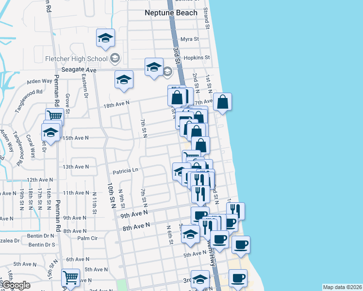 map of restaurants, bars, coffee shops, grocery stores, and more near 400 14th Avenue North in Jacksonville Beach