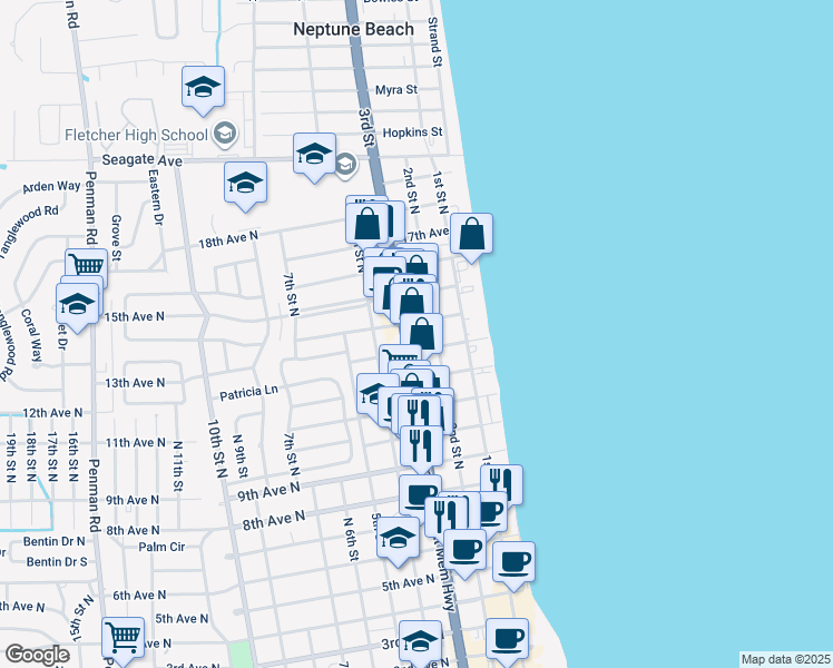 map of restaurants, bars, coffee shops, grocery stores, and more near 1410 Florida A1A in Jacksonville Beach