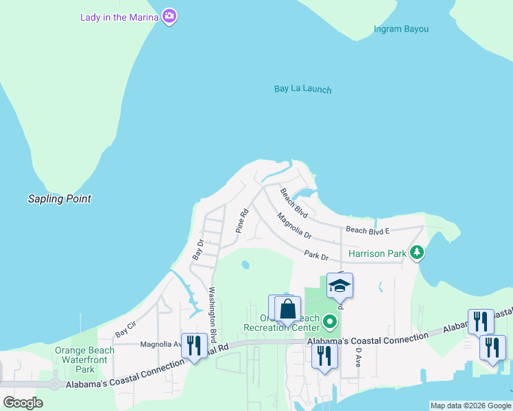 map of restaurants, bars, coffee shops, grocery stores, and more near 5290 Pine Road in Orange Beach