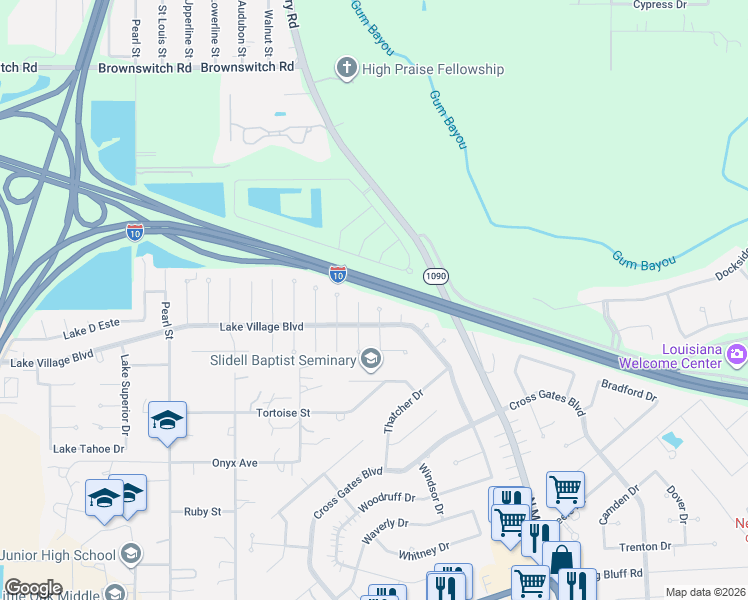map of restaurants, bars, coffee shops, grocery stores, and more near 808 Lake D Cote Court in Slidell