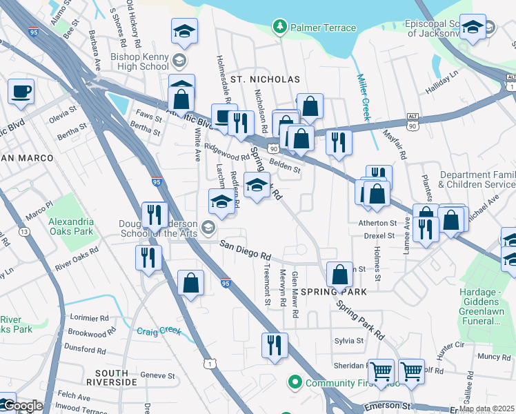 map of restaurants, bars, coffee shops, grocery stores, and more near 2250 Spring Park Road in Jacksonville
