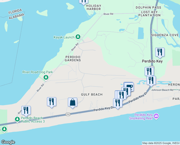map of restaurants, bars, coffee shops, grocery stores, and more near 6568 Carlinga Drive in Pensacola