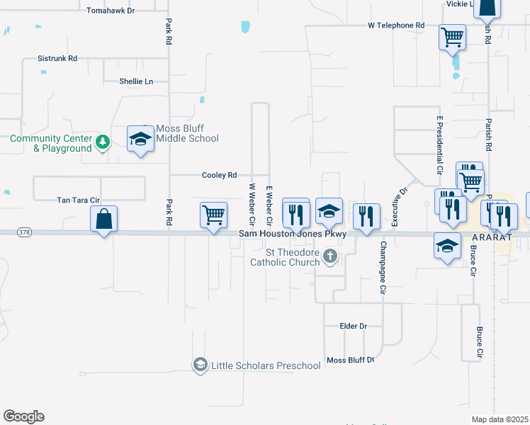 map of restaurants, bars, coffee shops, grocery stores, and more near 942 Sam Houston Jones Parkway in Lake Charles