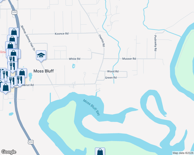 map of restaurants, bars, coffee shops, grocery stores, and more near 910 Green Road in Moss Bluff