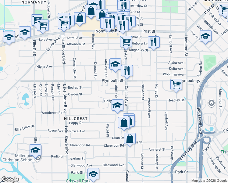 map of restaurants, bars, coffee shops, grocery stores, and more near 1214 Labelle Street in Jacksonville