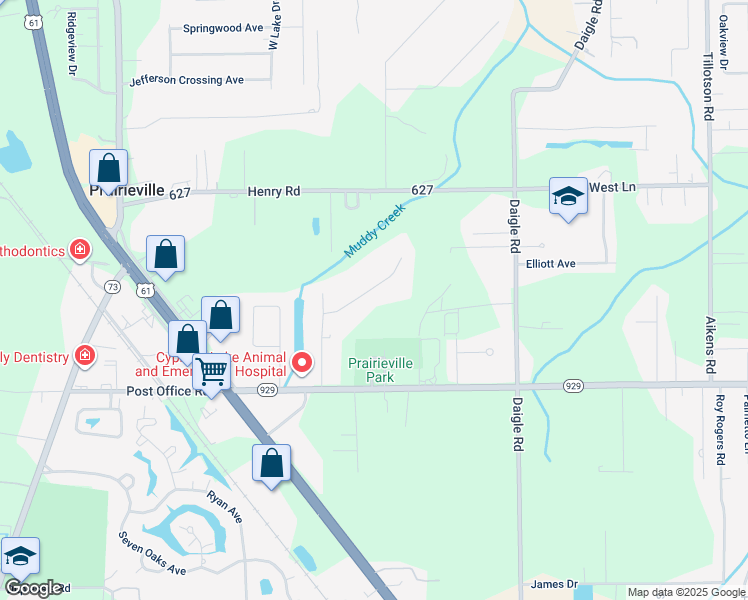 map of restaurants, bars, coffee shops, grocery stores, and more near 38375 Sweet Magnolia Drive in Prairieville