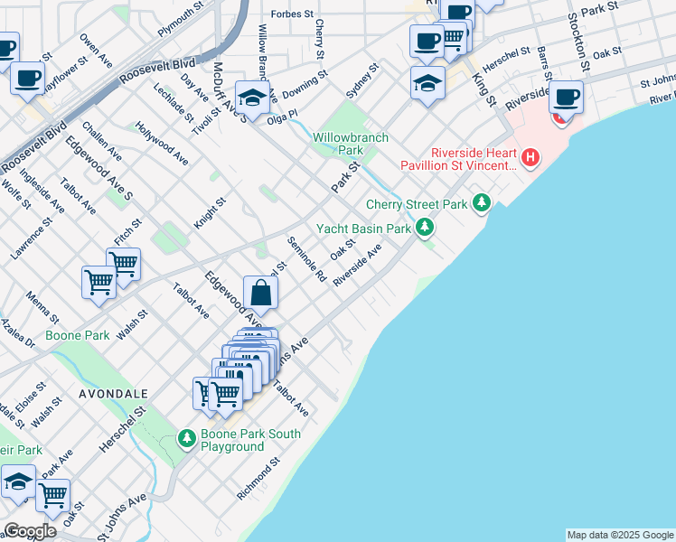 map of restaurants, bars, coffee shops, grocery stores, and more near 3206 Riverside Avenue in Jacksonville