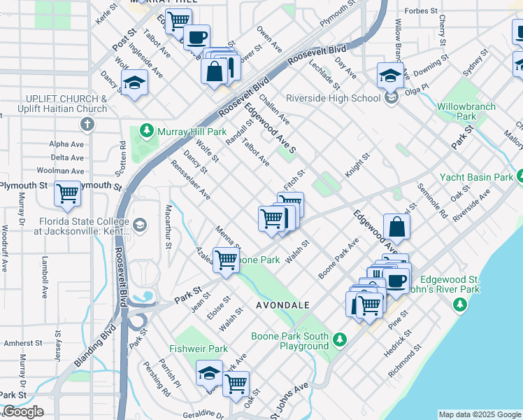 map of restaurants, bars, coffee shops, grocery stores, and more near in Jacksonville