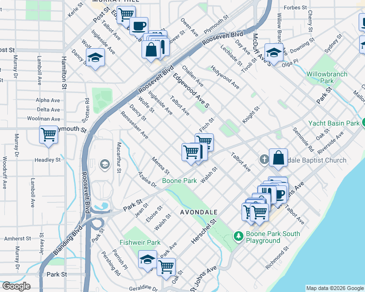 map of restaurants, bars, coffee shops, grocery stores, and more near in Jacksonville