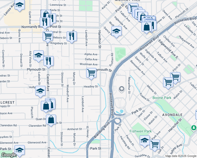 map of restaurants, bars, coffee shops, grocery stores, and more near 1259 Glen Laura Road in Jacksonville