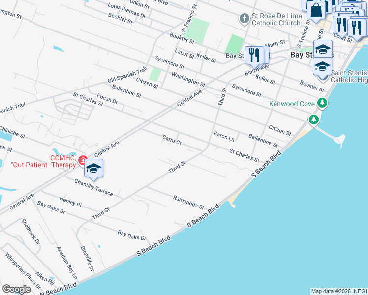 map of restaurants, bars, coffee shops, grocery stores, and more near 216 Carre Court in Bay St. Louis