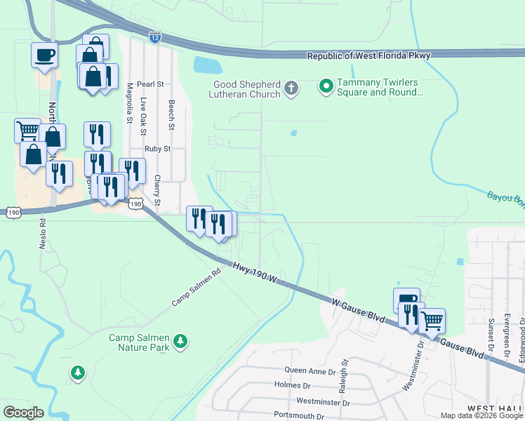 map of restaurants, bars, coffee shops, grocery stores, and more near 59988 Camp Villere Road in Slidell