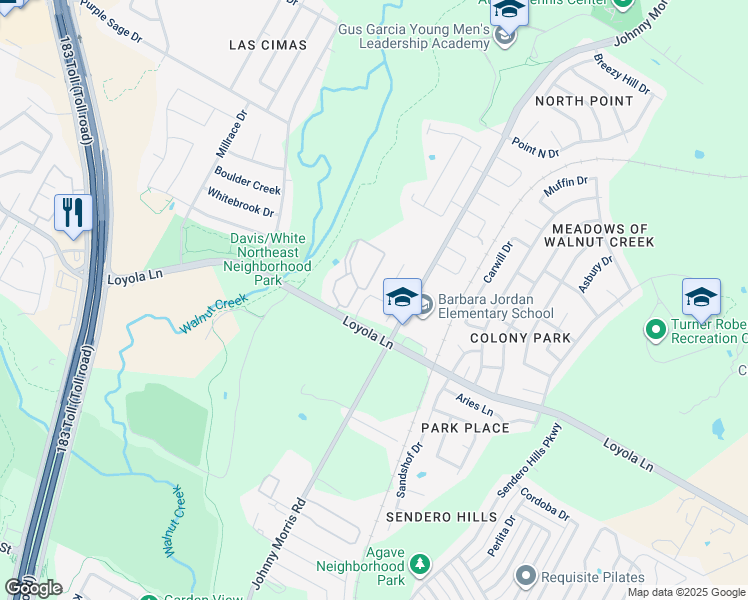 map of restaurants, bars, coffee shops, grocery stores, and more near 6711 Johnny Morris Road in Austin