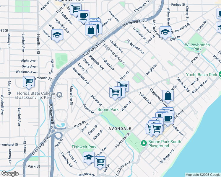 map of restaurants, bars, coffee shops, grocery stores, and more near in Jacksonville