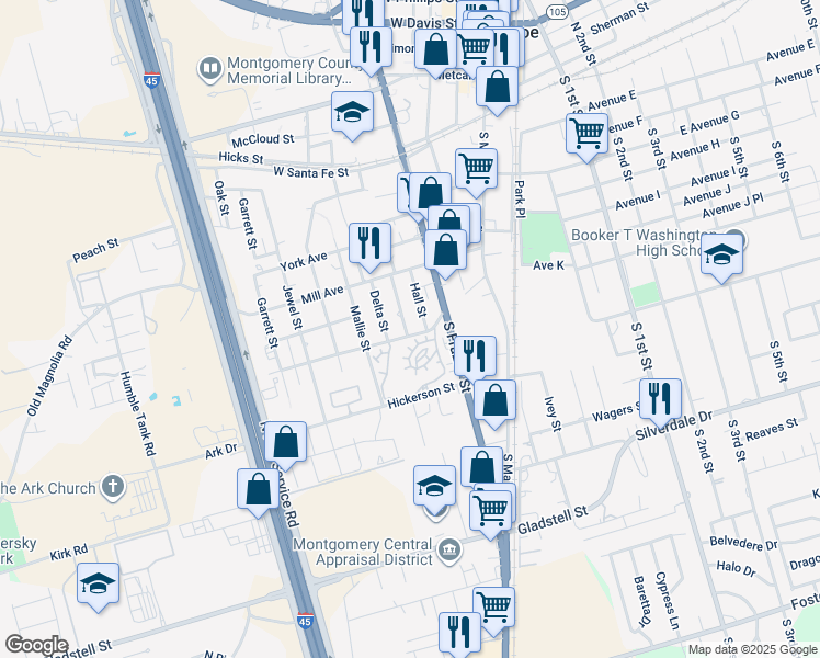 map of restaurants, bars, coffee shops, grocery stores, and more near 500 Hickerson Street in Conroe