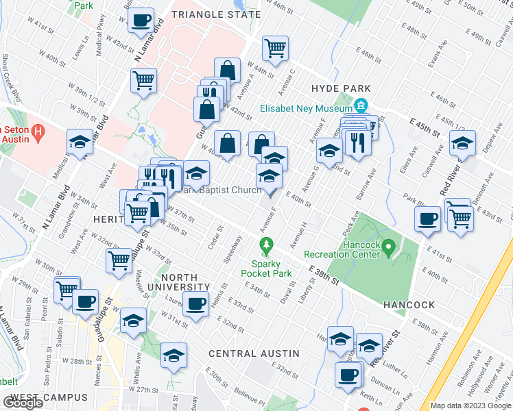map of restaurants, bars, coffee shops, grocery stores, and more near Speedway & West 39th Street in Austin