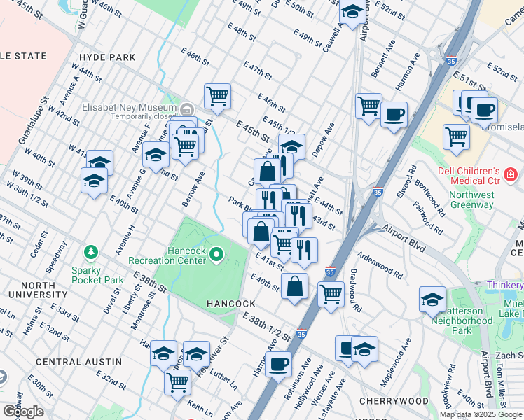 map of restaurants, bars, coffee shops, grocery stores, and more near 812 Park Boulevard in Austin
