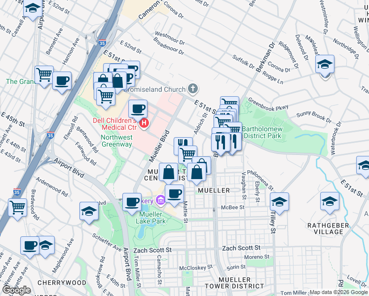map of restaurants, bars, coffee shops, grocery stores, and more near 2300 Aldrich Street in Austin