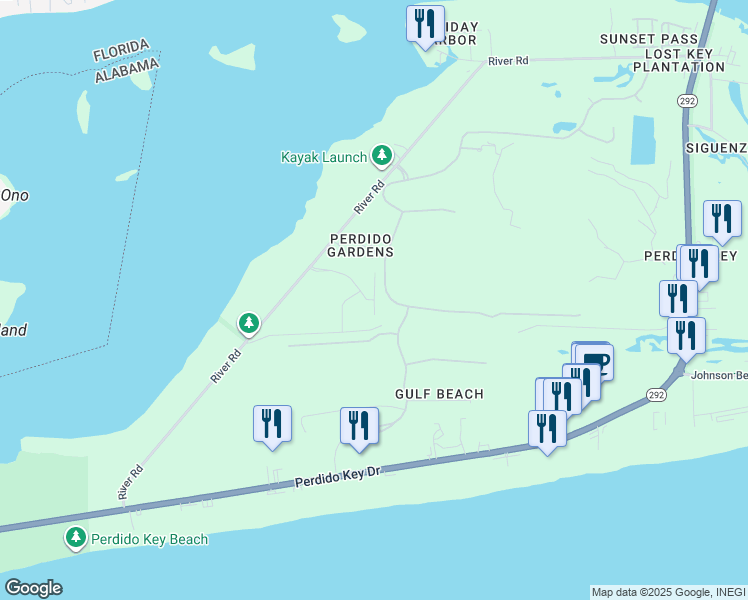 map of restaurants, bars, coffee shops, grocery stores, and more near Evening Glow Drive in Escambia County