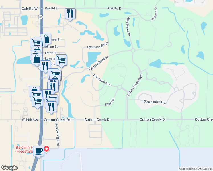map of restaurants, bars, coffee shops, grocery stores, and more near 3650 Prestwick Circle in Gulf Shores
