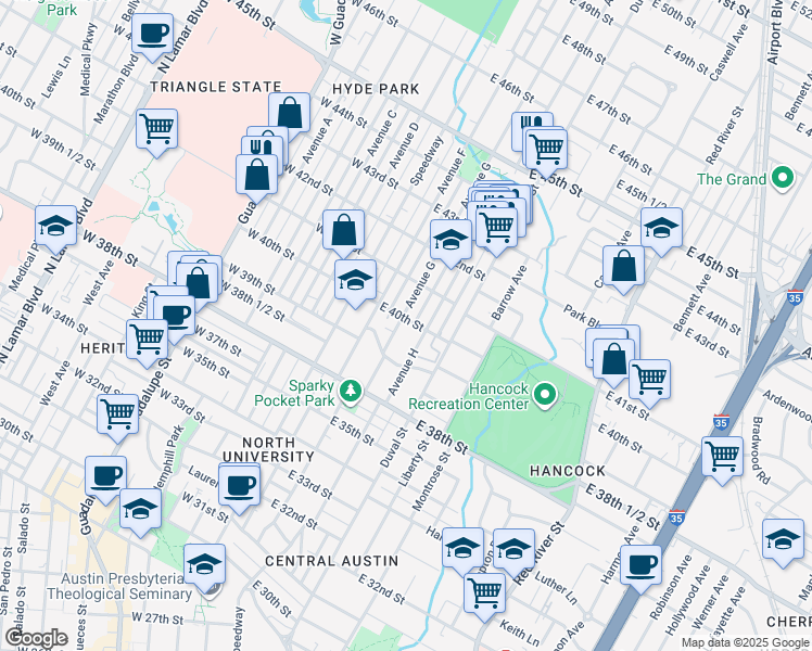 map of restaurants, bars, coffee shops, grocery stores, and more near 3913 Avenue G in Austin