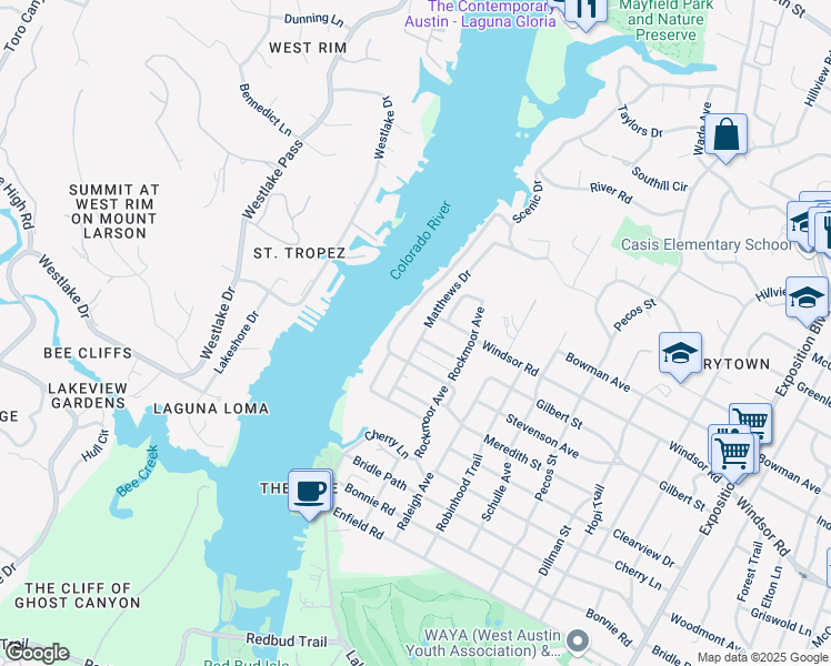 map of restaurants, bars, coffee shops, grocery stores, and more near 2106 Matthews Drive in Austin