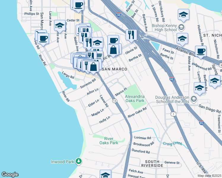 map of restaurants, bars, coffee shops, grocery stores, and more near 2330 Hendricks Avenue in Jacksonville