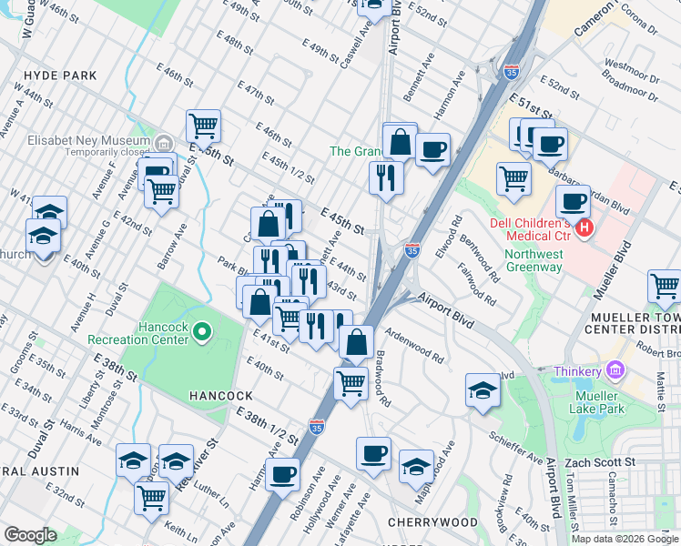map of restaurants, bars, coffee shops, grocery stores, and more near 1026 East 43rd Street in Austin