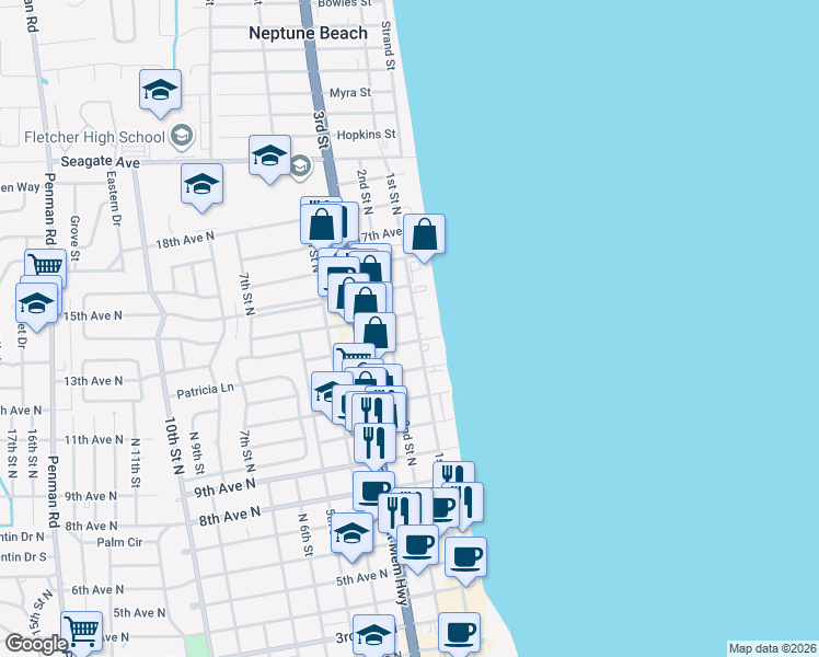 map of restaurants, bars, coffee shops, grocery stores, and more near 131 13th Avenue North in Jacksonville Beach