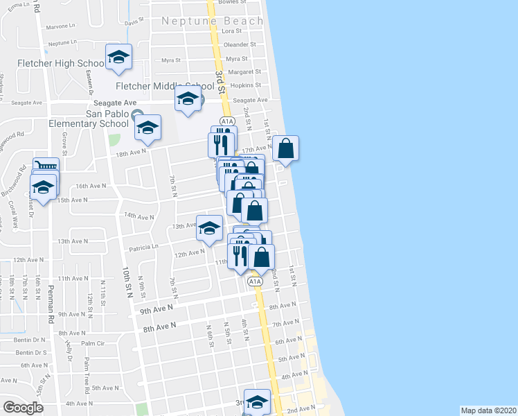 map of restaurants, bars, coffee shops, grocery stores, and more near 131 13th Avenue North in Jacksonville Beach