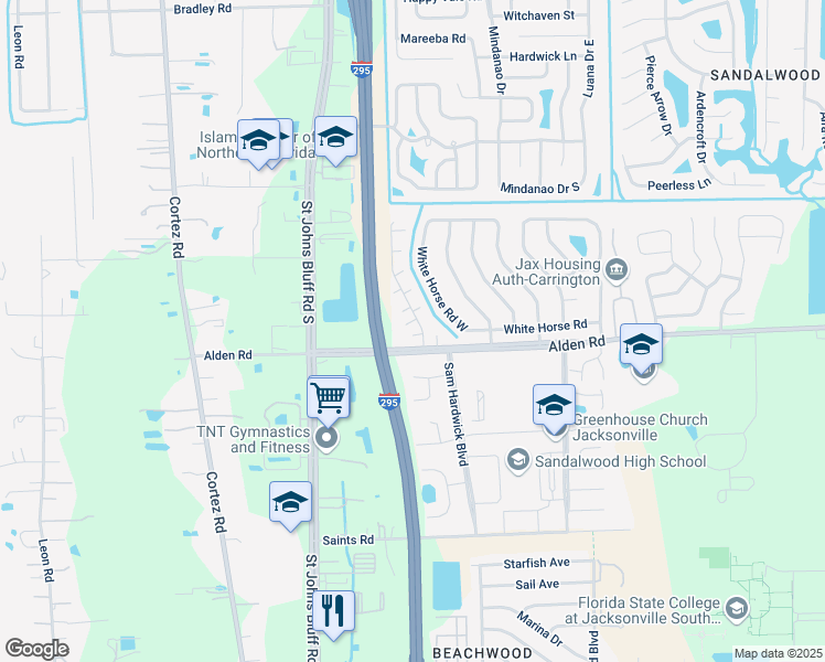 map of restaurants, bars, coffee shops, grocery stores, and more near 2530 Whispering Woods Boulevard in Jacksonville