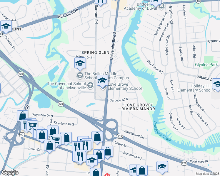 map of restaurants, bars, coffee shops, grocery stores, and more near 2600 University Boulevard South in Jacksonville