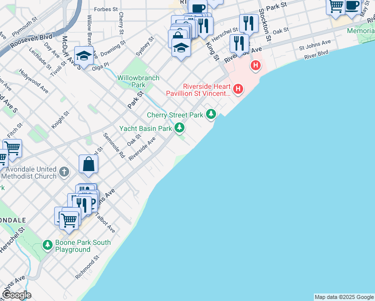 map of restaurants, bars, coffee shops, grocery stores, and more near 2970 Saint Johns Avenue in Jacksonville