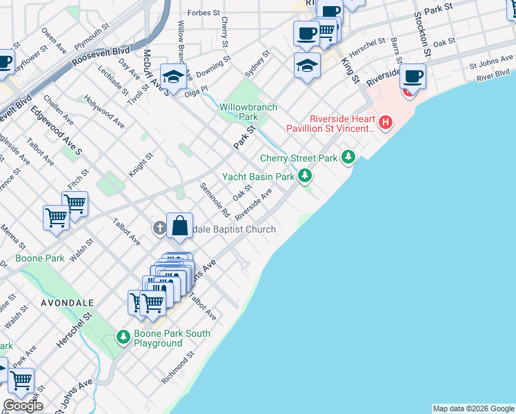 map of restaurants, bars, coffee shops, grocery stores, and more near 3206 Riverside Avenue in Jacksonville