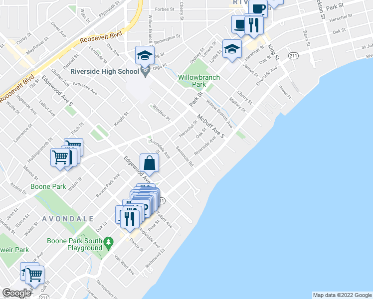 map of restaurants, bars, coffee shops, grocery stores, and more near 1648 Seminole Road in Jacksonville