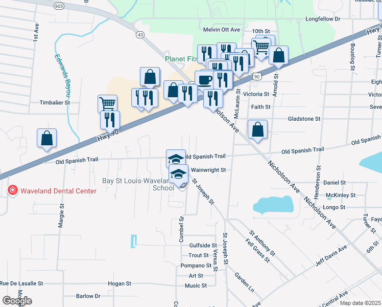 map of restaurants, bars, coffee shops, grocery stores, and more near 420 Old Spanish Trail in Waveland